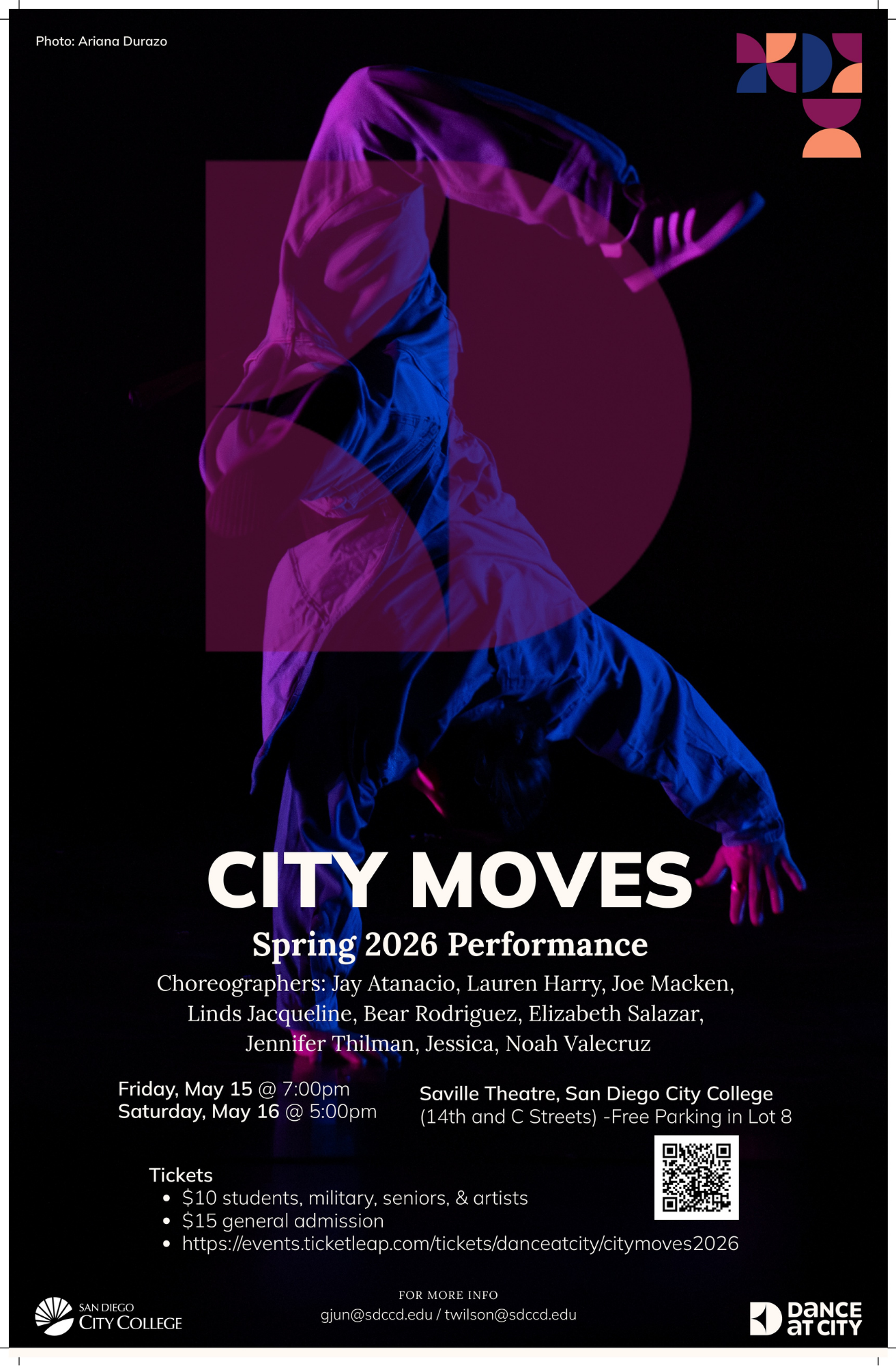 City Moves Spring 2026 Dancer in an upside down pose on a black background.