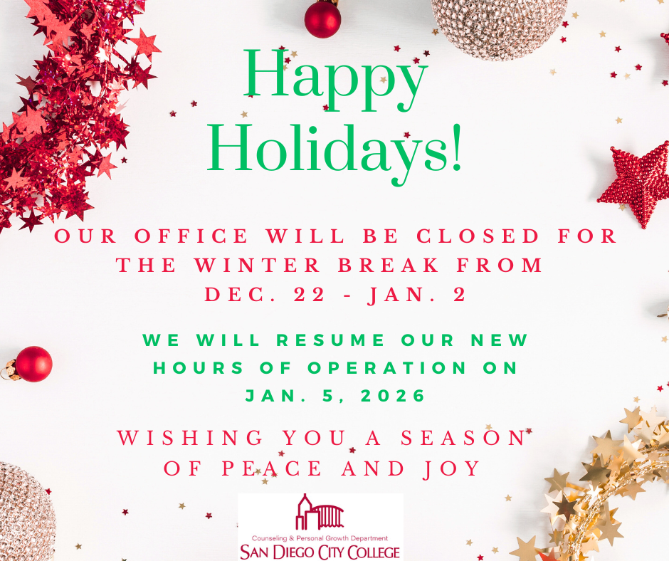 holiday hours flyer with red and green letters and festive decorations