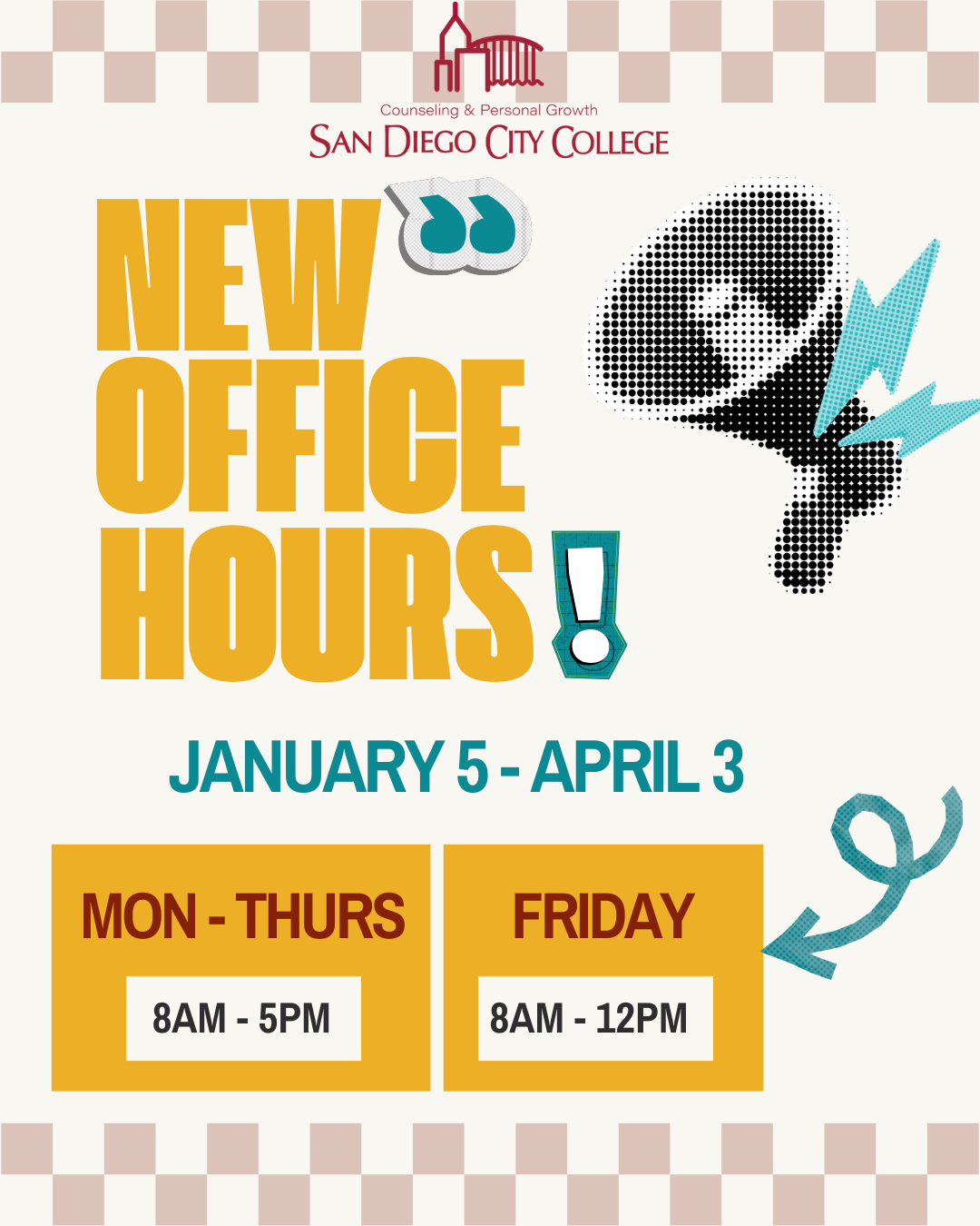 new spring hours in yellow and red letters