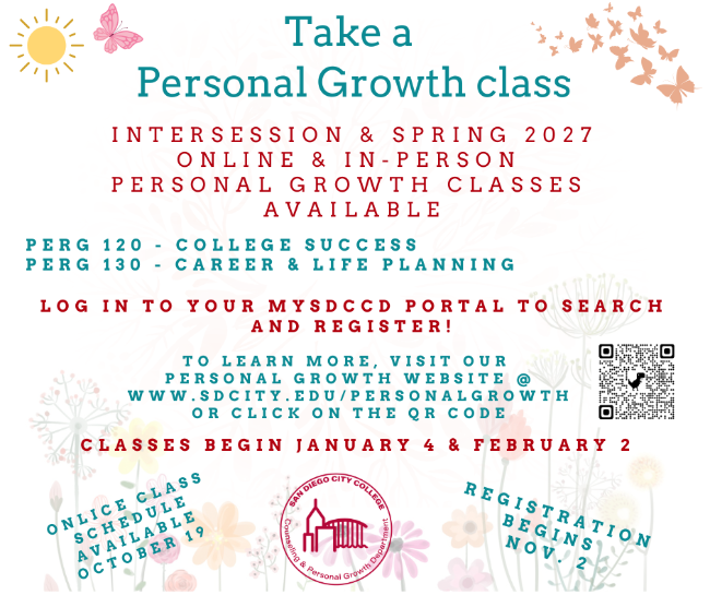 Spr '27 PG Website Announcement flyer for spring 27 personal growth classes with spring flowers, butterflies, in blue and red lettering