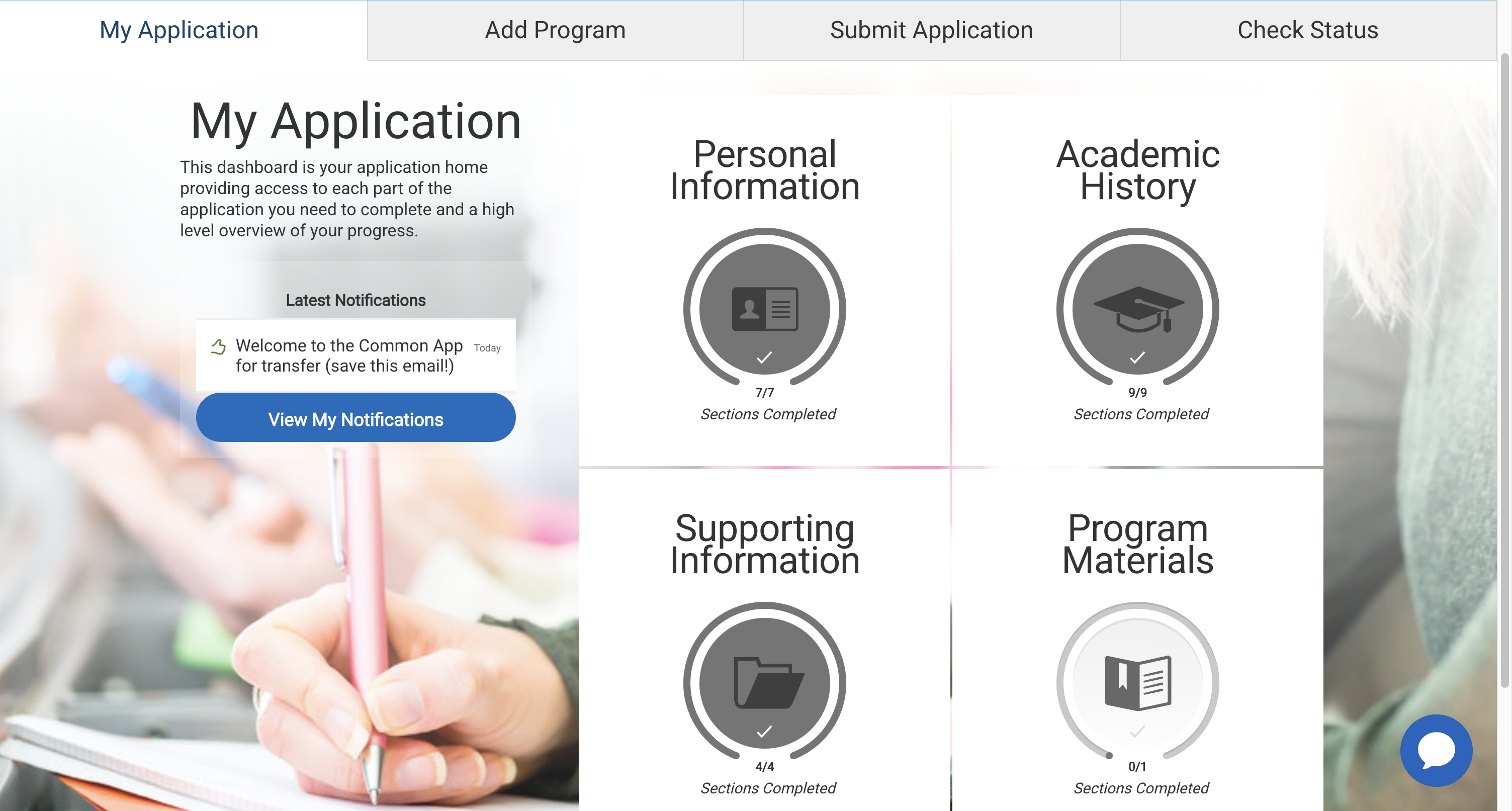 Common Application quadrants for transfer students