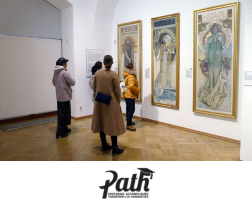 Students viewing artwork in a museum gallery; UCSD PATH program logo displayed below
