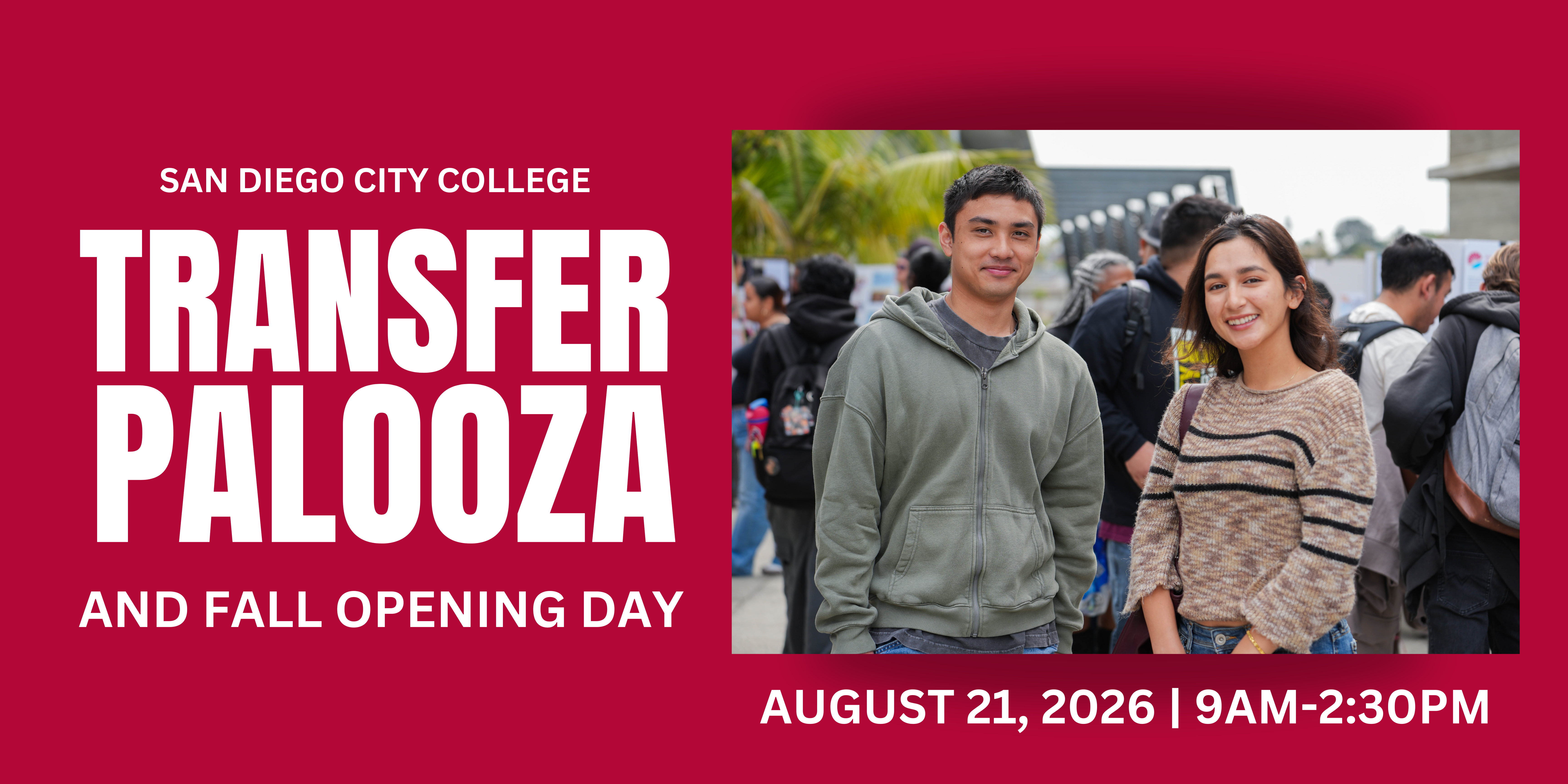TransferPalooza Banner Decorative banner promoting TransferPalooza and Fall Opening Day at San Diego City College, featuring two students at a campus event.