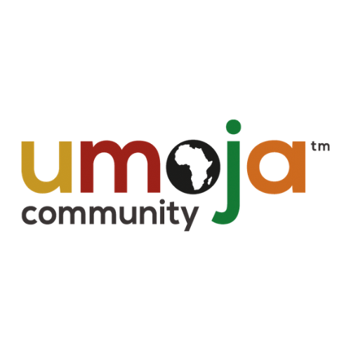 the word Umoja Community with red, yellow, black, orange and green letters