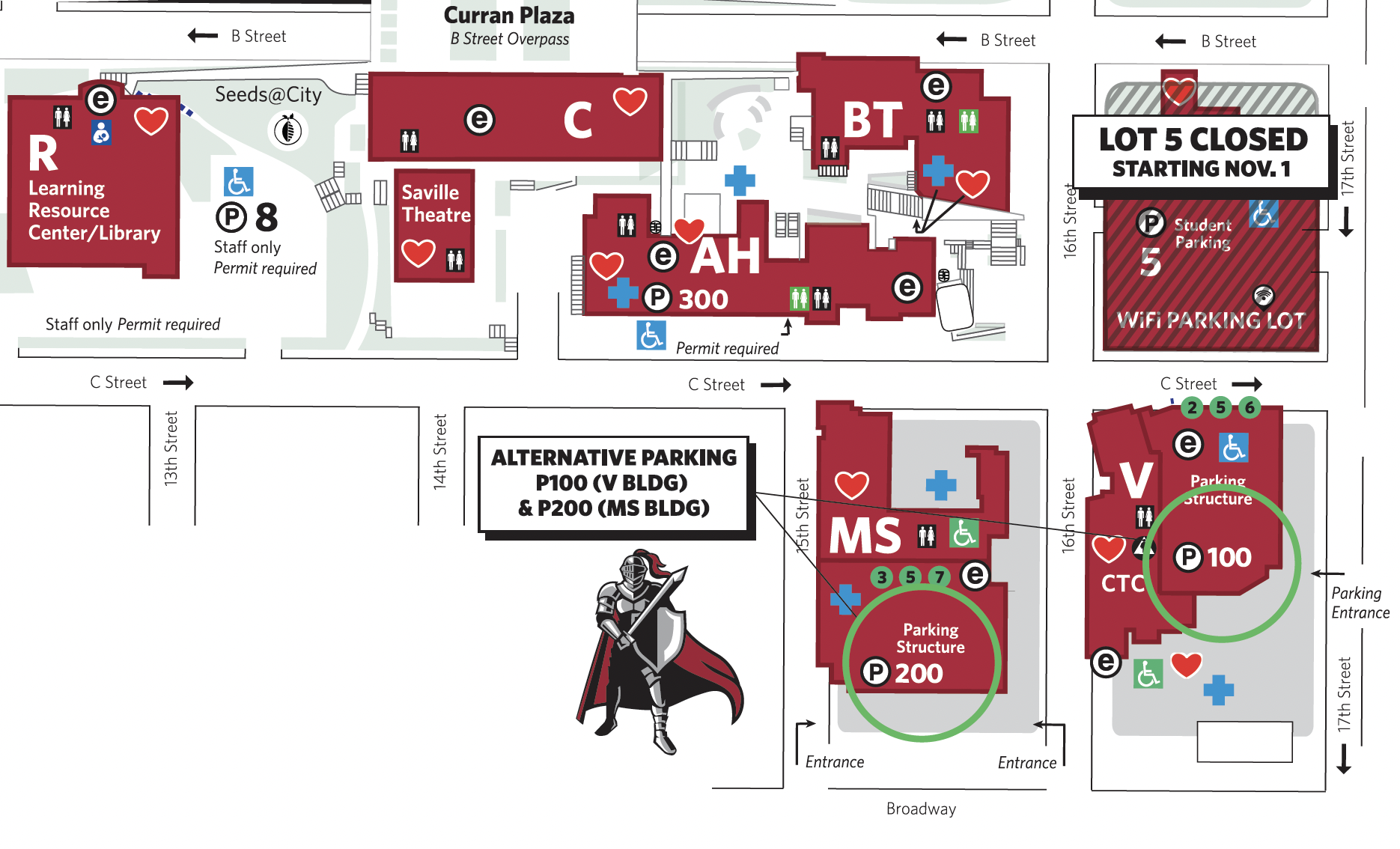 Campus Map that shows closed parking during construction Campus Map that shows closed parking during construction