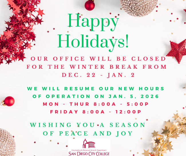 holiday wishes and new hours in green and red letters with christmas decorations