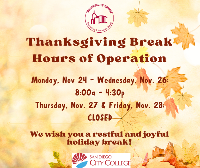 fall leaves, orange and yellow, red letters with thanksgiving break hours of operation